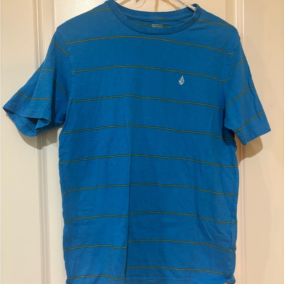 Volcom Men's Blue and Yellow Striped Tee - Picture 1 of 4
